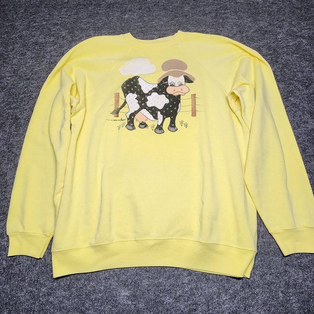 Hanes Vintage Yellow Sweatshirt Moo Cow Farm Granny Hat Grandma Chic XL 1986